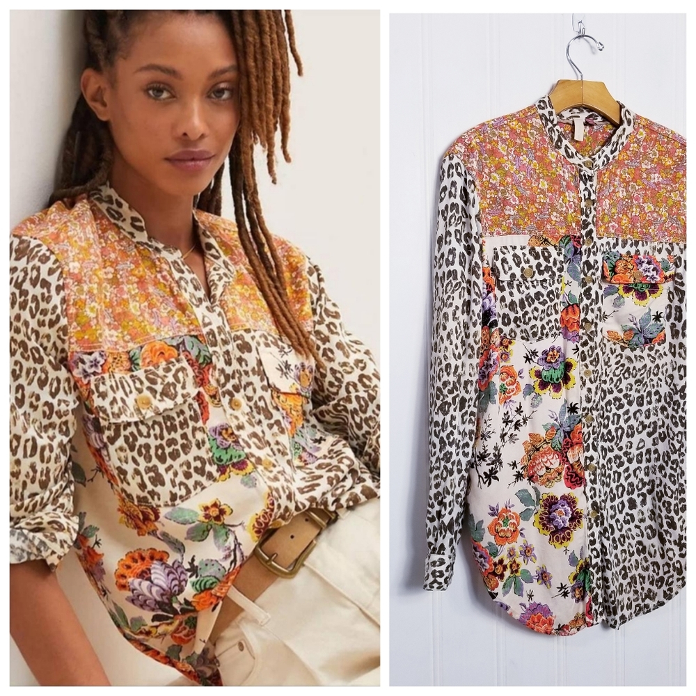 Anthropologie Pilcro Tunic XS Relaxed Buttondown Leopard Floral Boho Multicolors